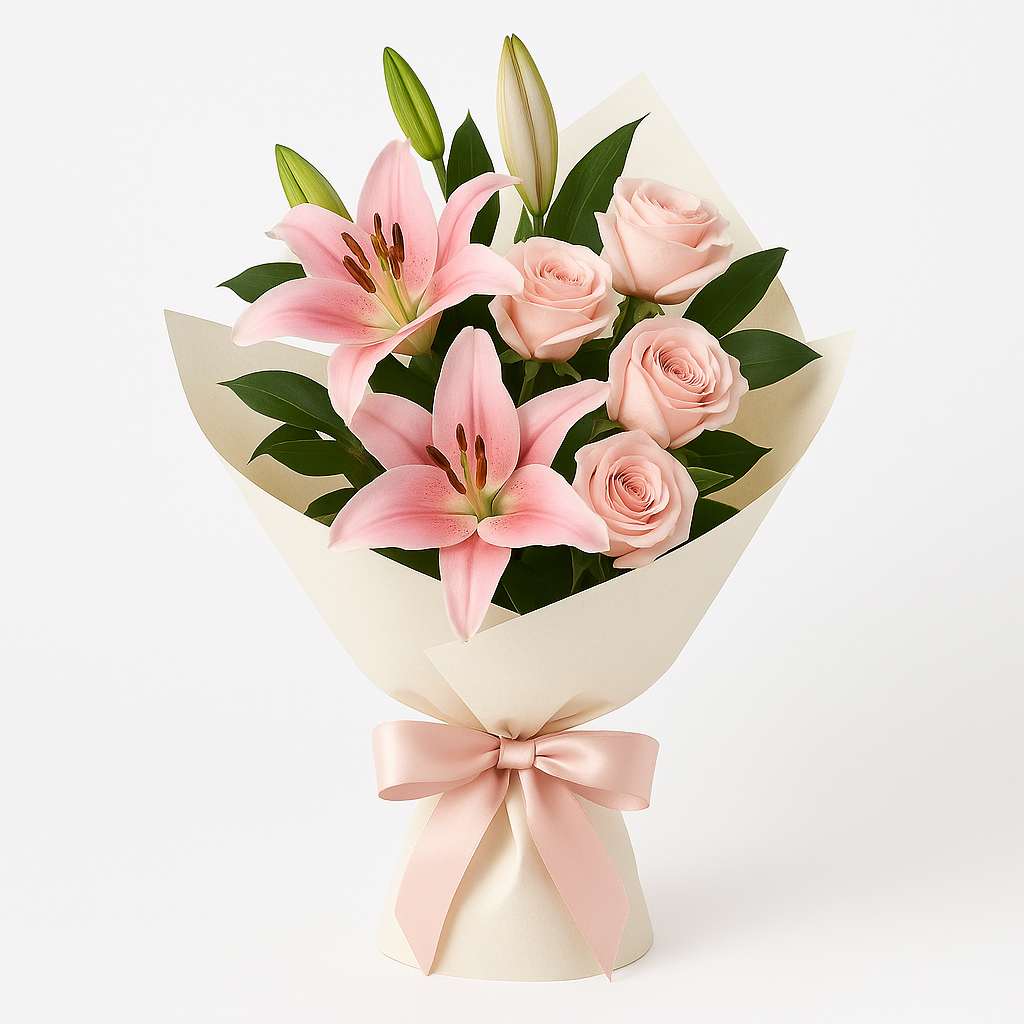 Bouquet Rosado de Lirios Imperiales y Rosas  Rosadas