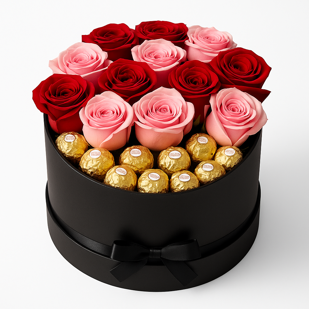 Box Black con Rosas y Chocolates Ferrero (8 unidades)