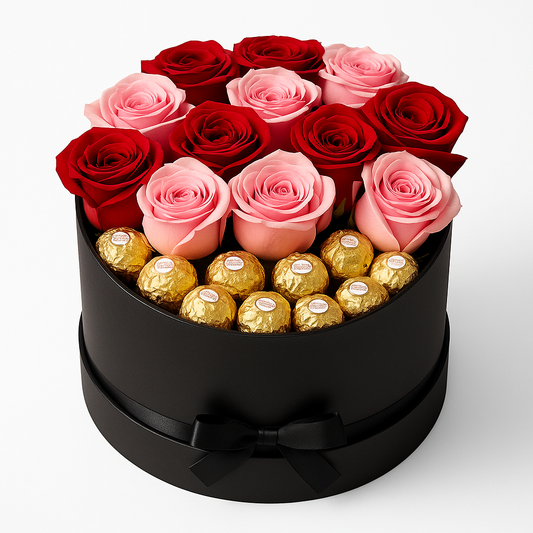 Box Black con Rosas y Chocolates Ferrero (8 unidades)