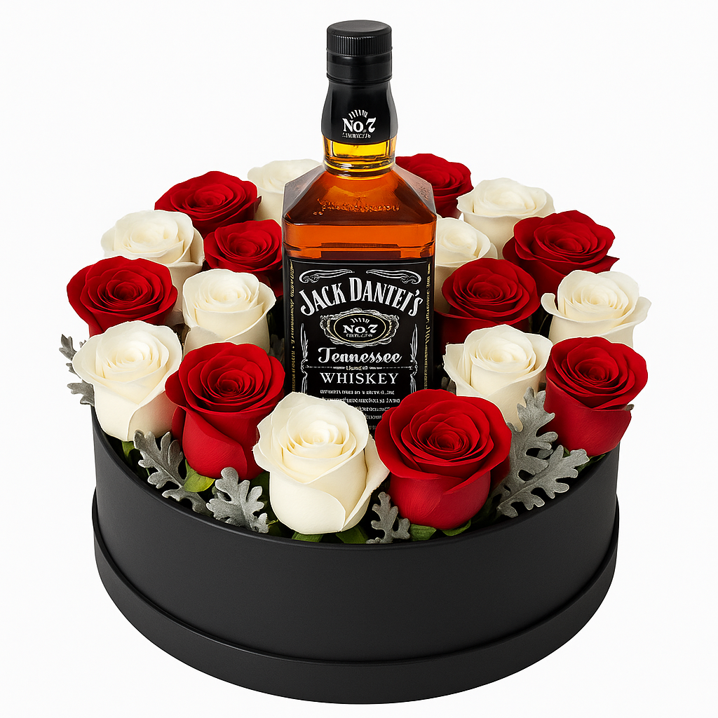Caja Luxury con 24 Rosas Rojas y Blancas & Whisky Jack Daniel’s 375 ml