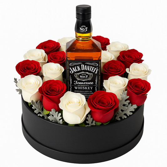 Caja Luxury con 24 Rosas Rojas y Blancas & Whisky Jack Daniel’s 375 ml