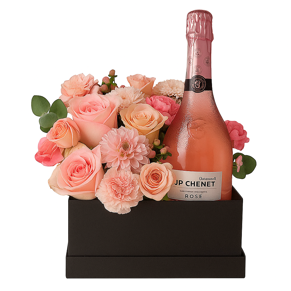 Caja Sorpresa con Champagne Rosé y Flores Frescas