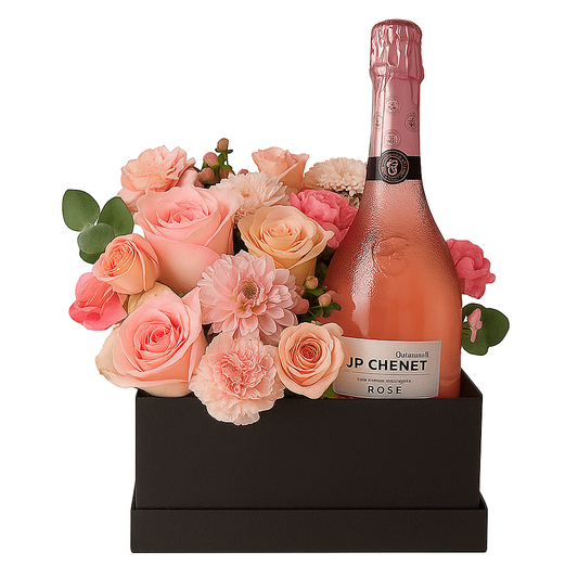 Caja Sorpresa con Champagne Rosé y Flores Frescas