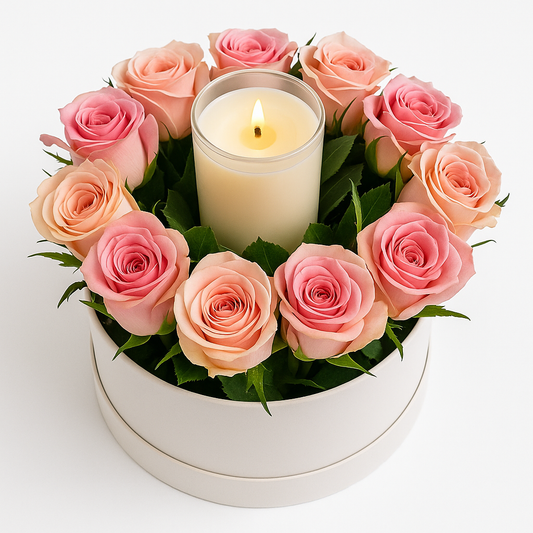 Caja con Vela Aromática y Rosas Frescas