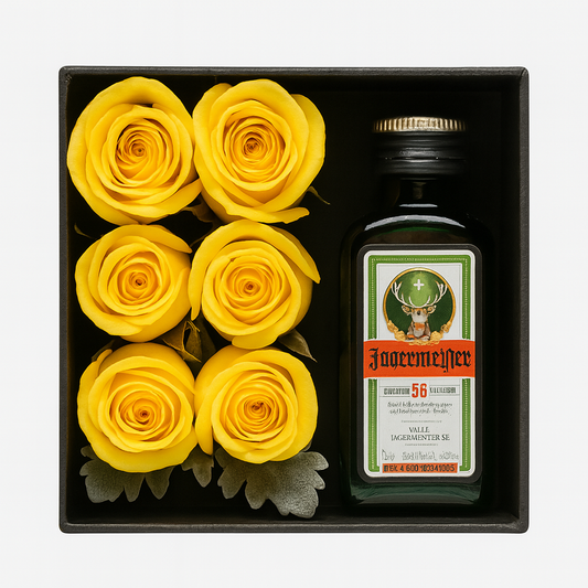 Mini Caja Luxury con 6 Rosas Amarillas y Licor Jägermeister 50ml