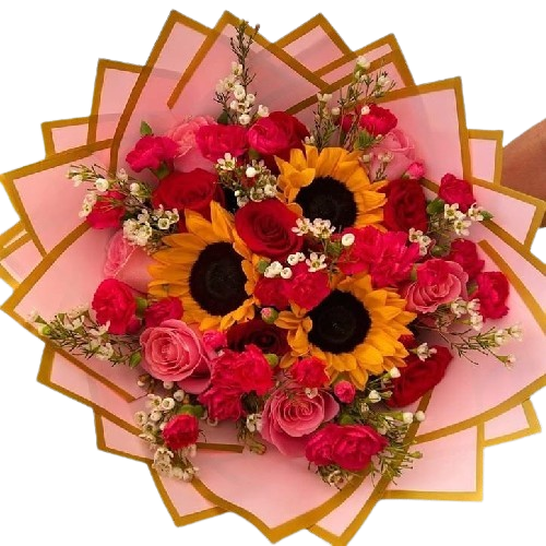 Radiante Encanto – Ramo con 3 Girasoles, 10 Rosas Rosadas y Flores Rojas