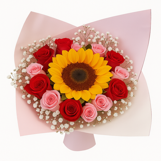 Amanecer de Amor – Ramo con Girasol, 16 Rosas y Gypso Blanca