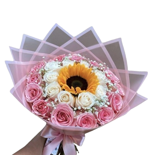 Brillo de Amor – Ramo con Girasol, 20 Rosas en Tonos Pastel y Gypso