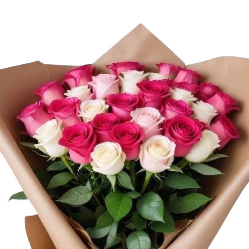 Dulce Encanto – Ramo de 36 Rosas Bicolor en Envoltorio Natural