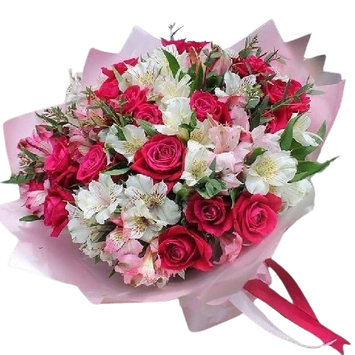 Dulce Primavera – Ramo con 18 Rosas Rosadas y Astromelias Blancas