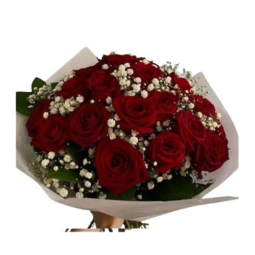 Encanto Rojo – Ramo con 12 Rosas Rojas y Gypso