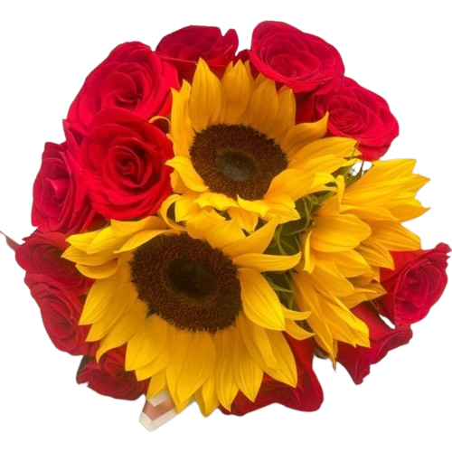 Energía y Pasión – Ramo con 3 Girasoles y 14 Rosas Rojas