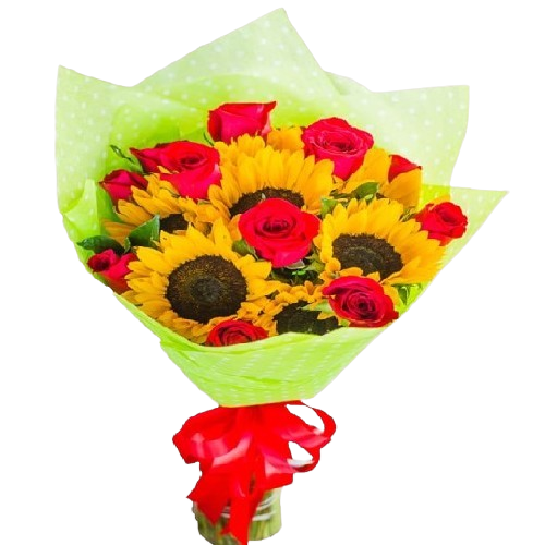 Luz y Amor – Ramo con 7 Girasoles y 12 Rosas Rojas