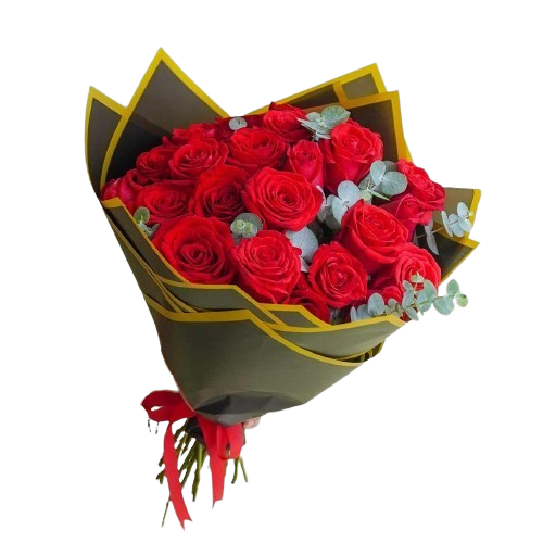 Pasión Dorada – Ramo con 24 Rosas Rojas y Follaje de Eucalipto