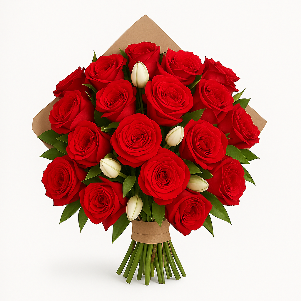 Pasión Pura – Ramo con 15 Rosas Rojas y 12 Lirios Blancos