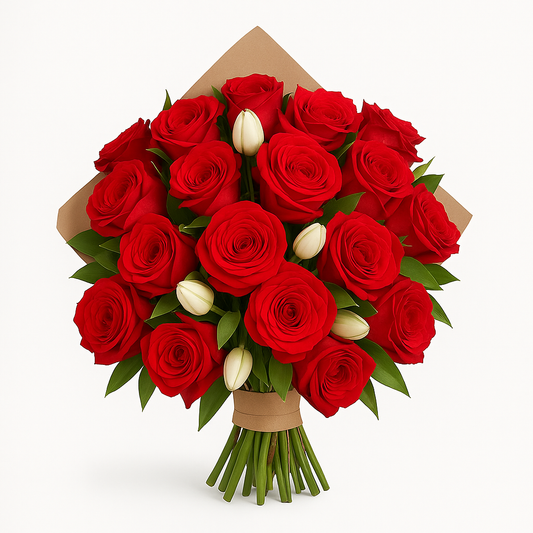 Pasión Pura – Ramo con 15 Rosas Rojas y 12 Lirios Blancos