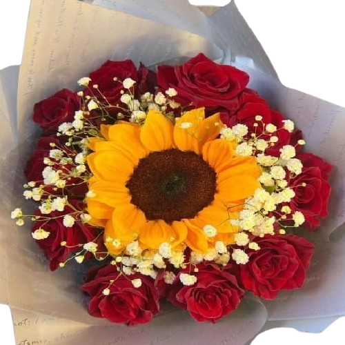 Sol y Pasión – Ramo con Girasol, 10 Rosas Rojas y Gypso, Un Detalle Radiante