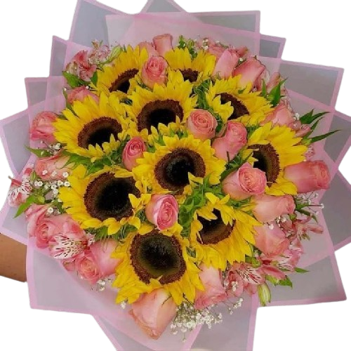 Sol y Ternura – Ramo con 10 Girasoles y 24 Rosas Rosadas